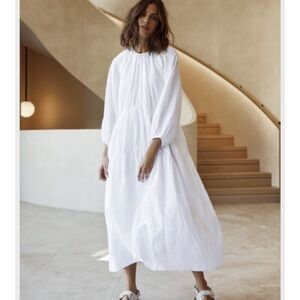 DISSH 100% Linen White Dress with Gathered Neckline AU10 (M)